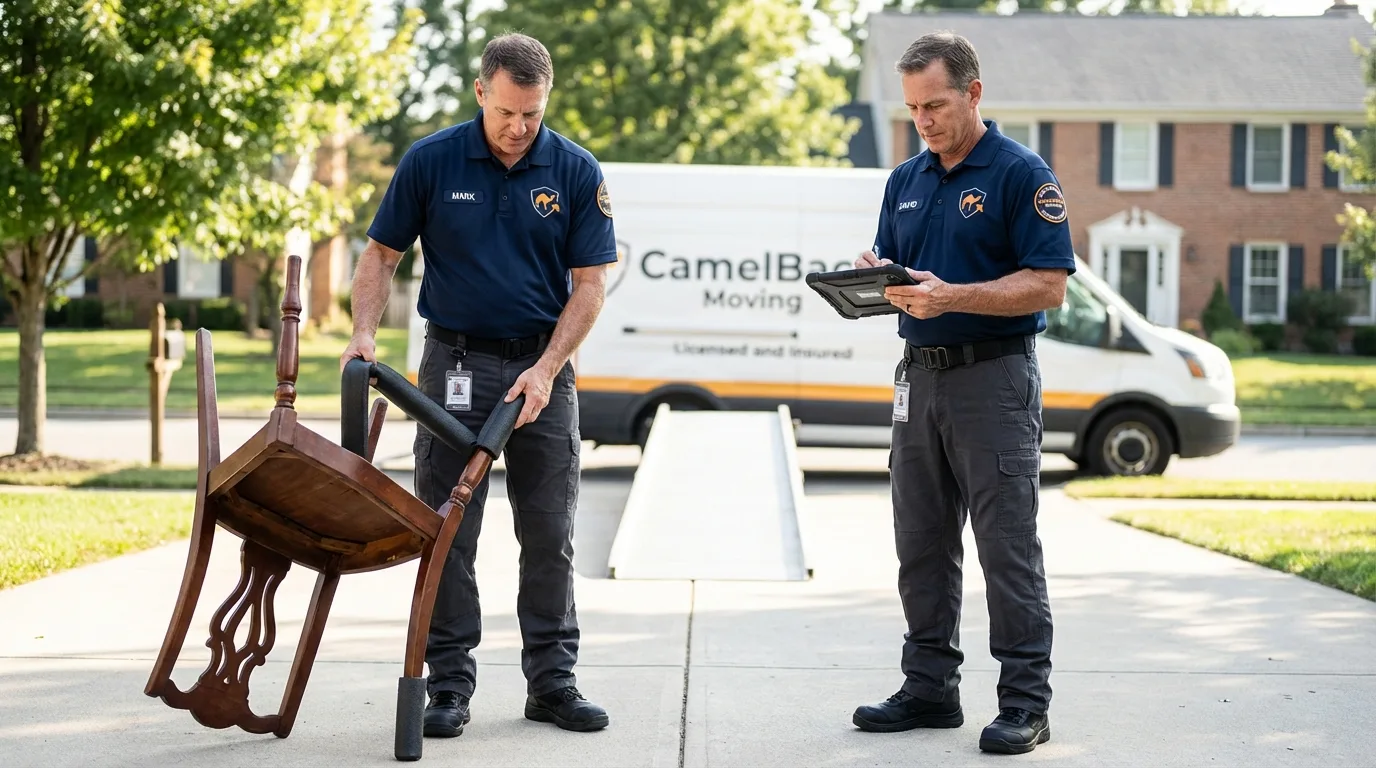 Movers inspecting furniture for damage prevention before loading in Piketon, OH
